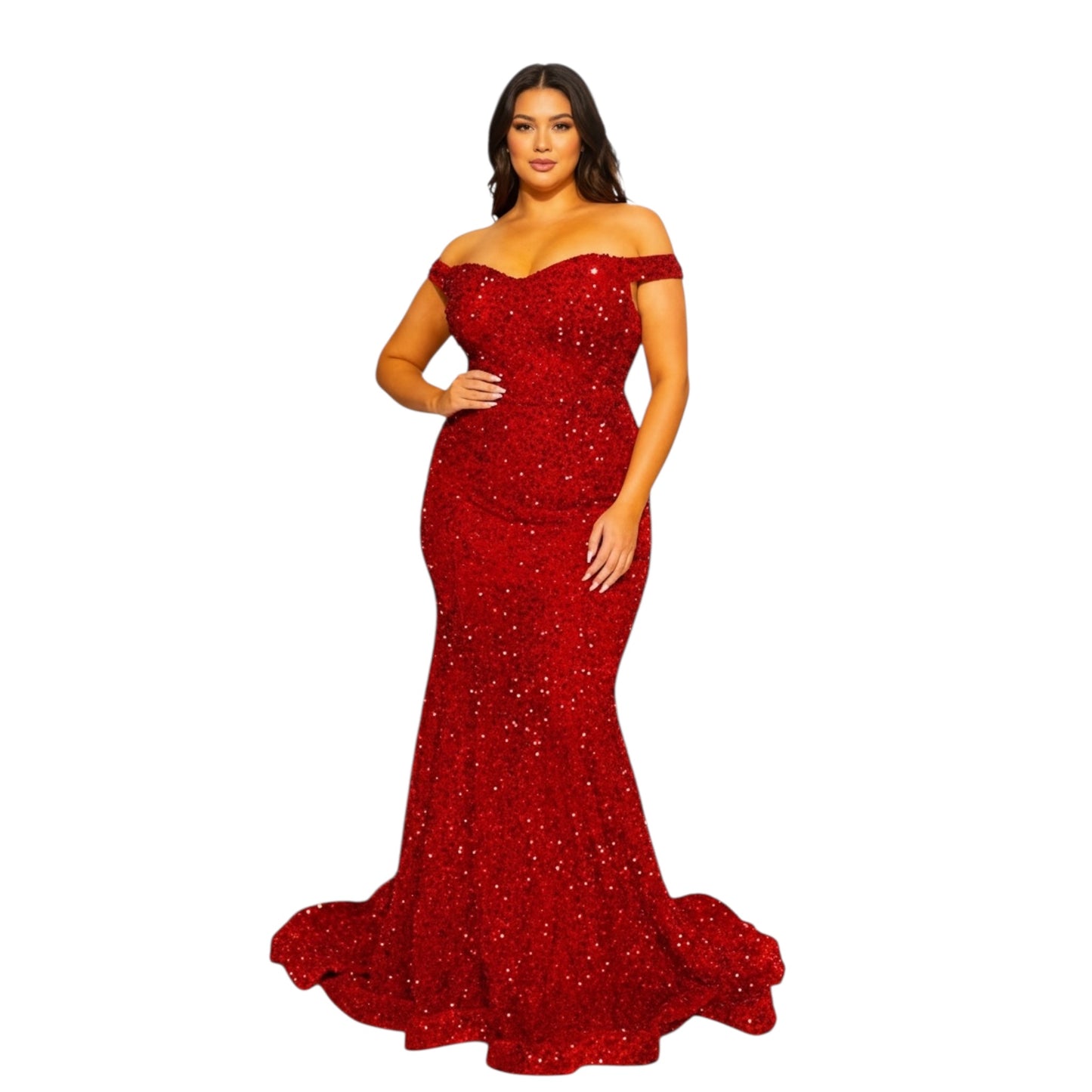 FM26-013 Plus Size Prom Dress Sequin Maxi Gown - Red