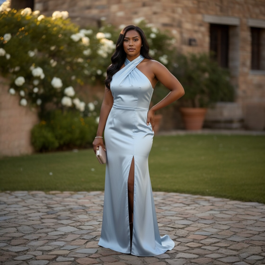 FM26046 Elegant Blue Halter Maxi Dress Plus Size