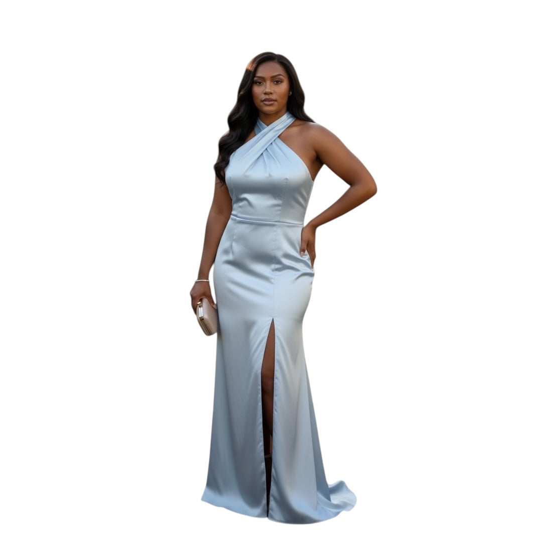 FM26046 Elegant Blue Halter Maxi Dress Plus Size