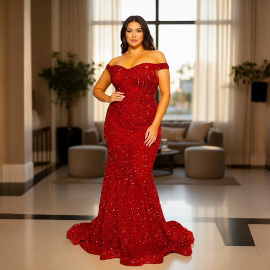 FM26-013 Plus Size Prom Dress Sequin Maxi Gown - Red