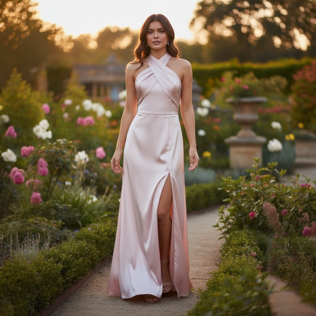FM26042 Elegant Pink Halter Maxi Dress Plus Size