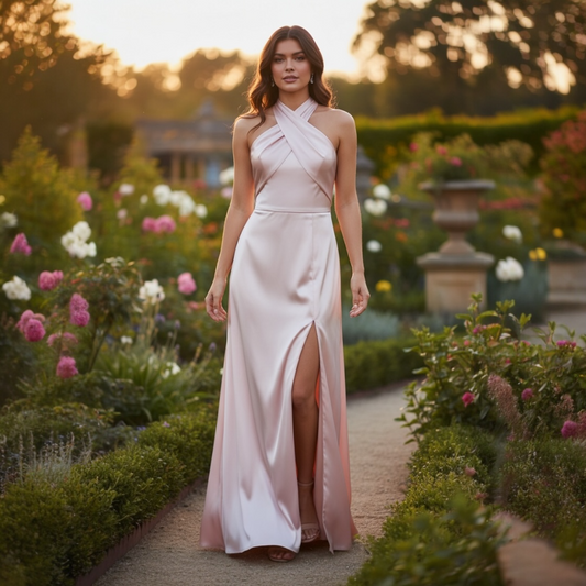 FM26042 Elegant Pink Halter Maxi Dress Plus Size