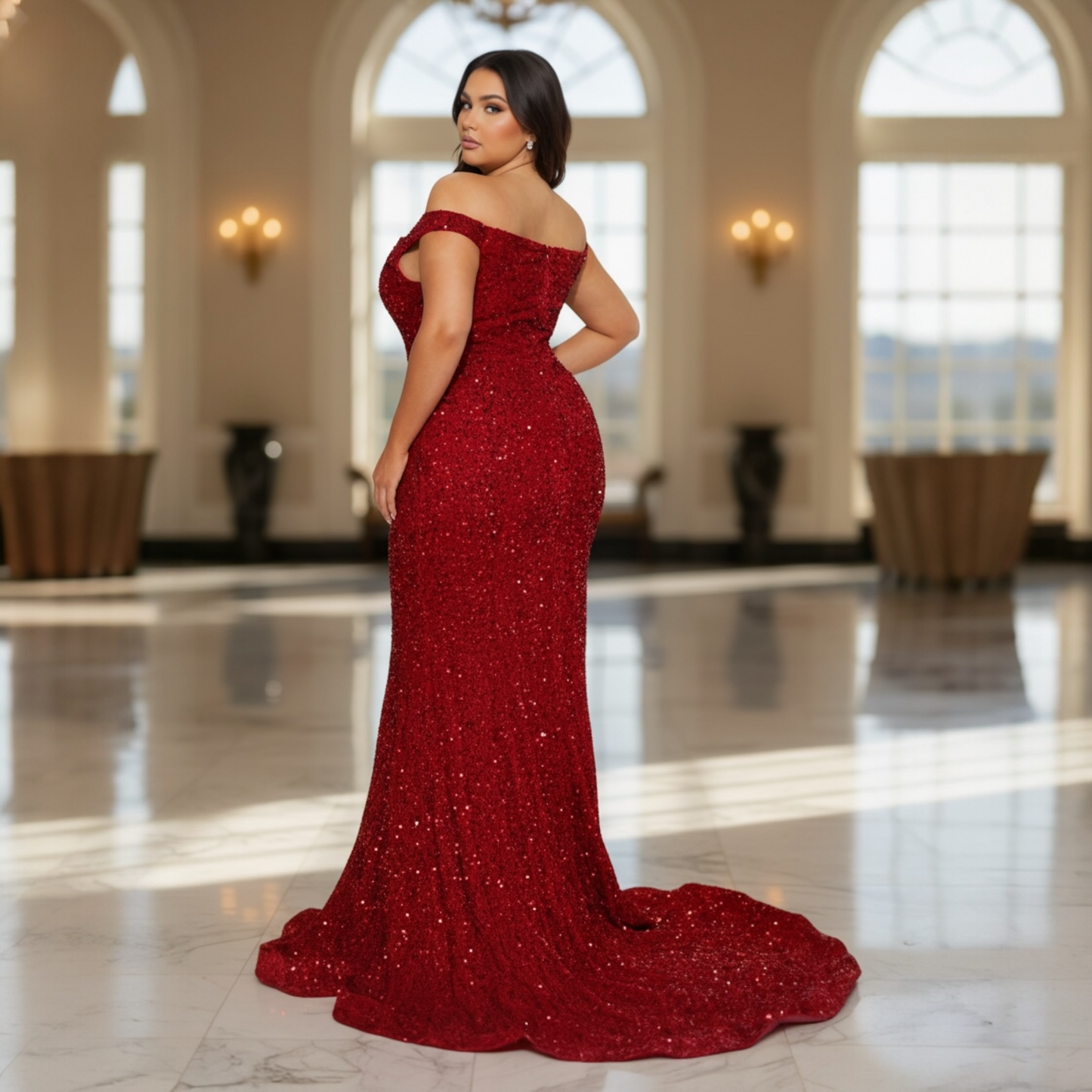 FM26-013 Plus Size Prom Dress Sequin Maxi Gown - Red
