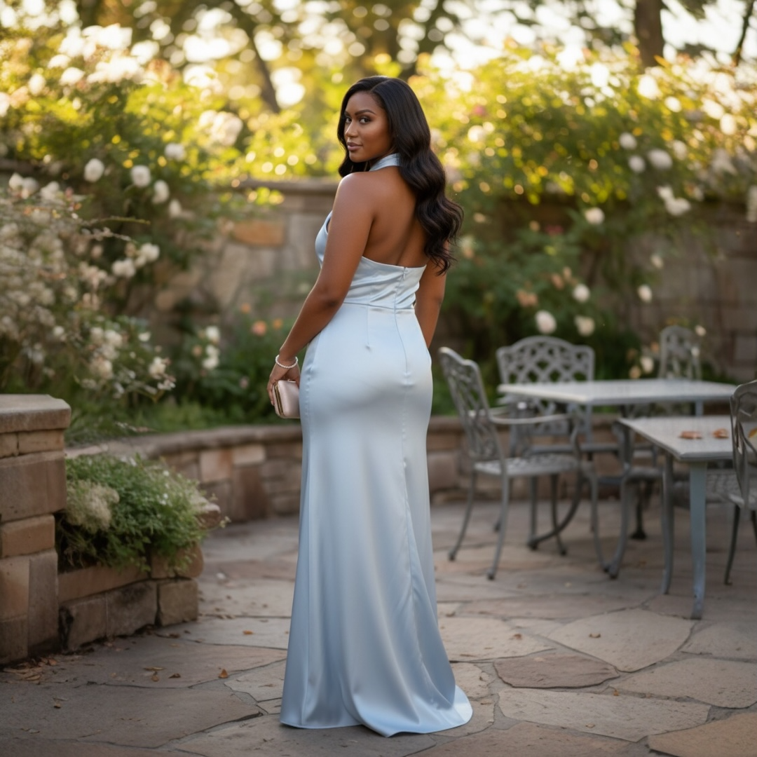 FM26046 Elegant Blue Halter Maxi Dress Plus Size