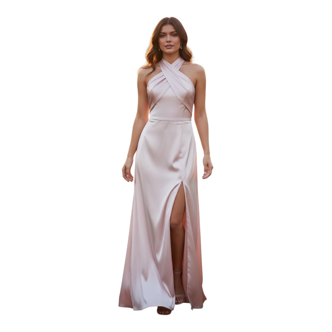 FM26042 Elegant Pink Halter Maxi Dress Plus Size