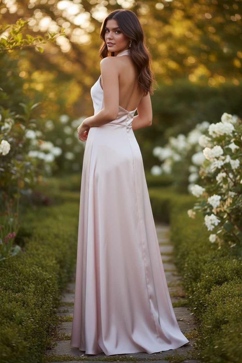 FM26042 Elegant Pink Halter Maxi Dress Plus Size