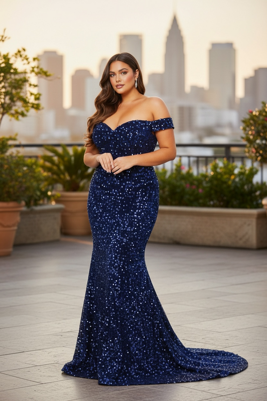 FM26-05 Plus Size Prom Dress Sequin Maxi Gown - Red