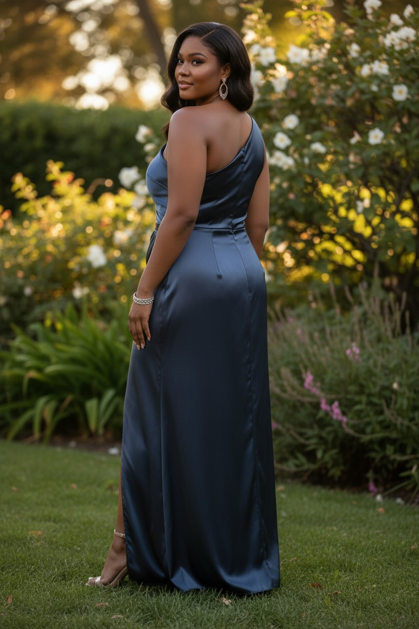 FM26-037 Plus Size Prom Dress Elegant Navy One-Shoulder Dress