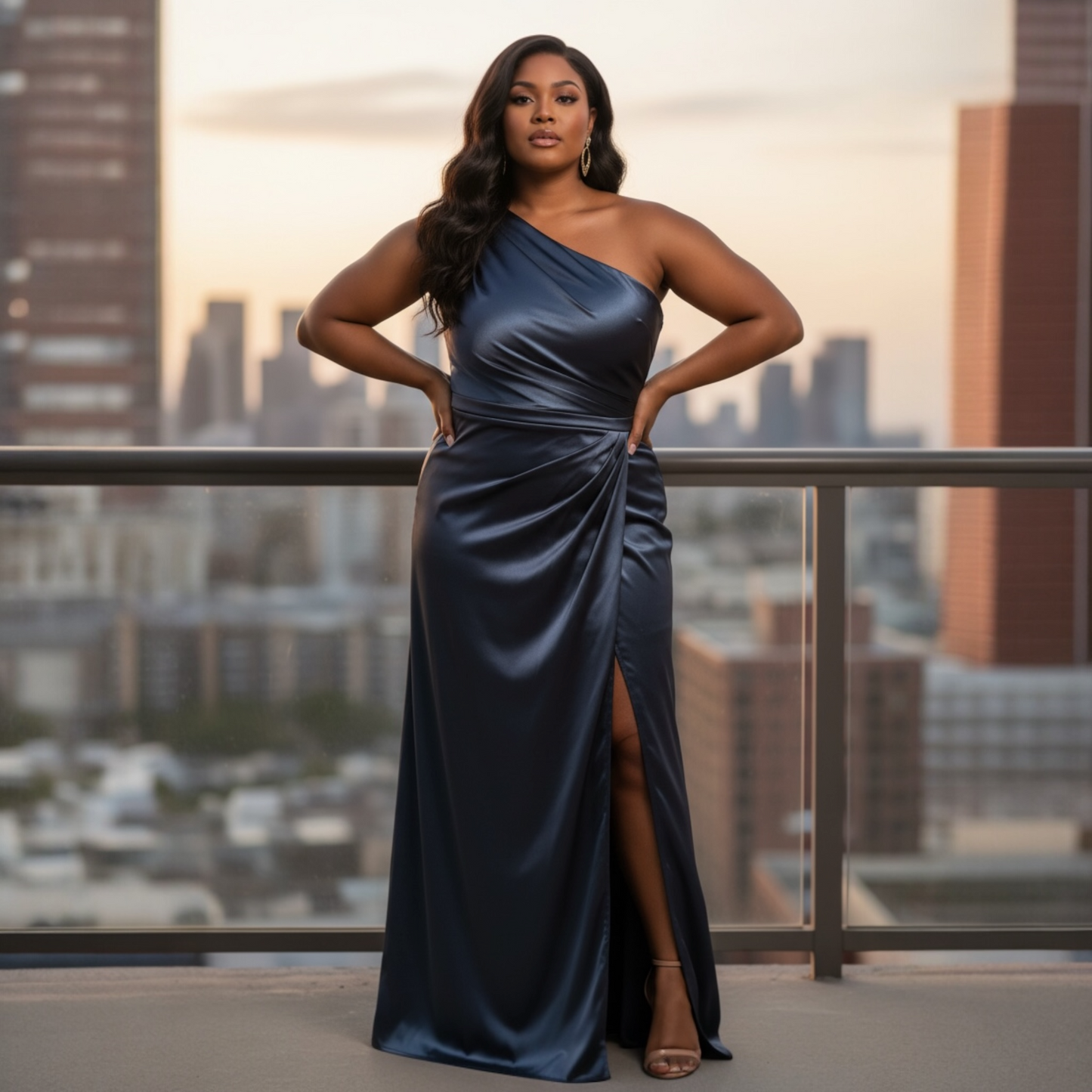 FM26-037 Plus Size Prom Dress Elegant Navy One-Shoulder Dress