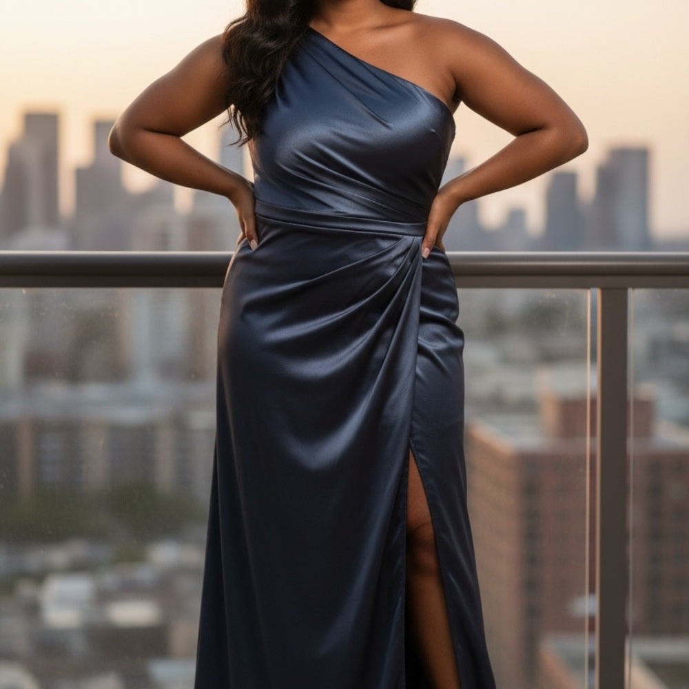 Plus Size Prom Dress Elegant Navy One-Shoulder Dress Size 1X